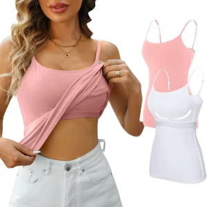 Women Basic Camisole Cotton Tank Tops with Built In Self Bra, Adjustable